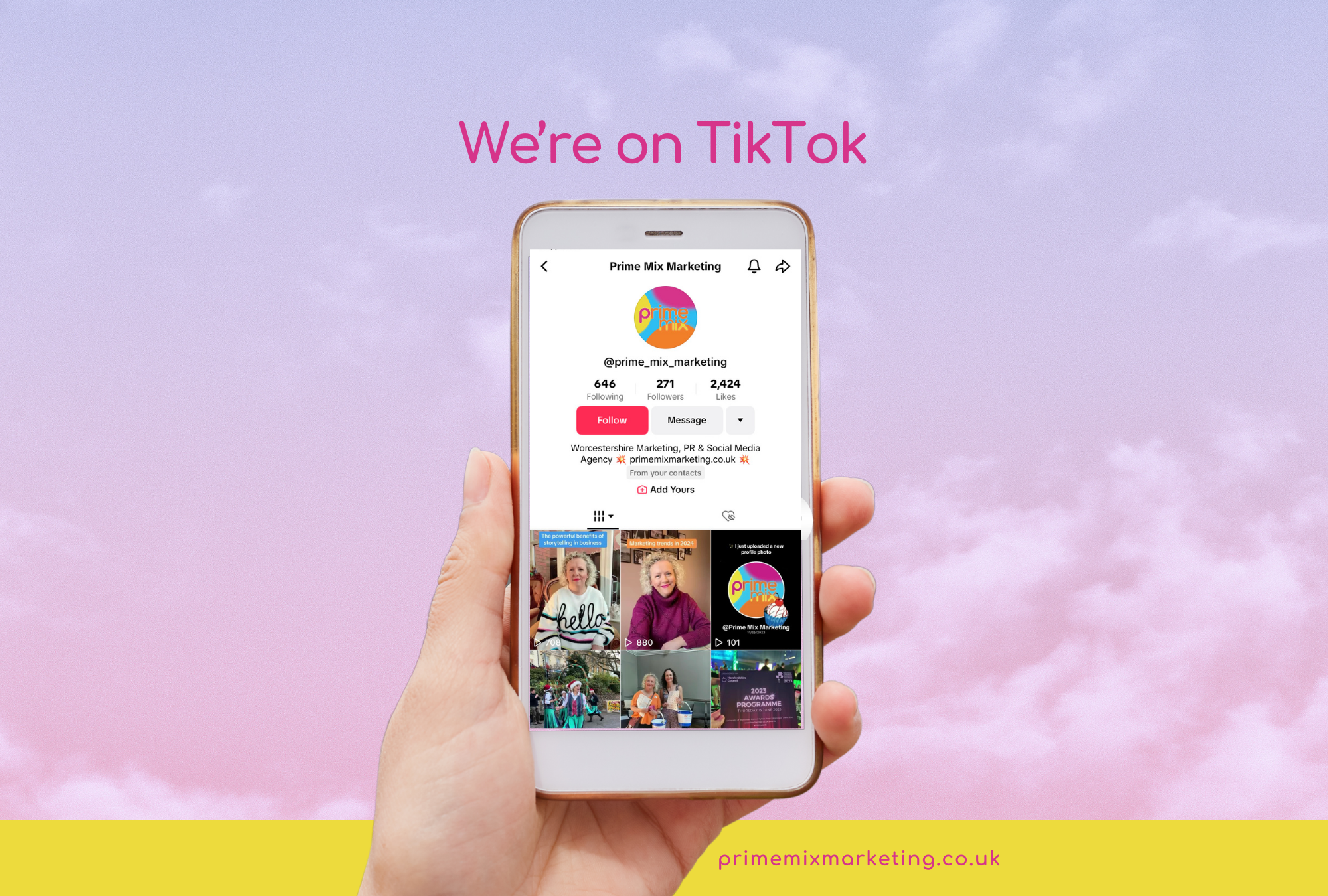 "We're on TikTok" caption Infront of cloudy background with a hand holding a phone with Prime Mix TikTok page on